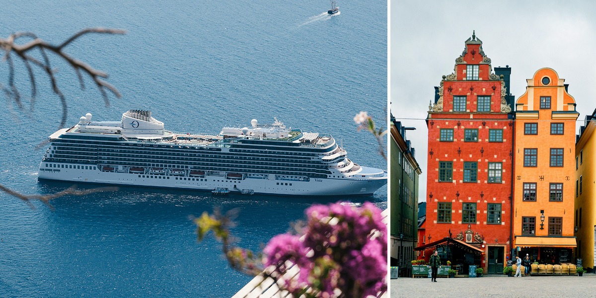 Buque de Oceania Cruises navegando el mar Báltico y las casas históricas de Stortorget, en la ciudad vieja de Estocolmo